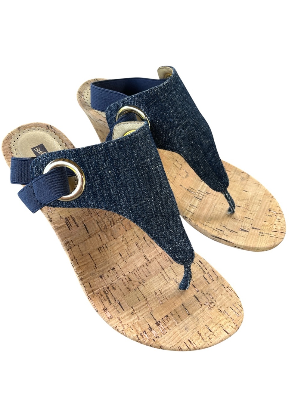 White Mountain Aida Denim Blue Cork Wedge Thong Sandals Size 7 1/2 M